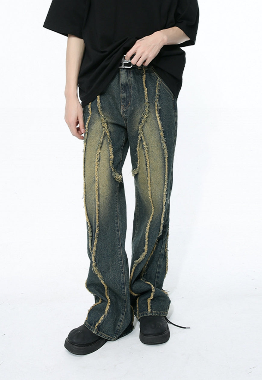 Unisex raw edge patchwork jeans