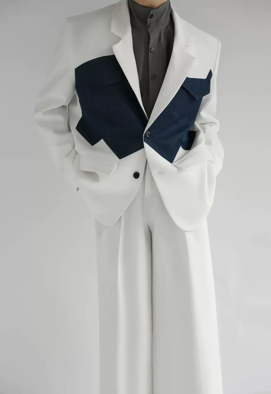 Men's design white denim patchwork suit set