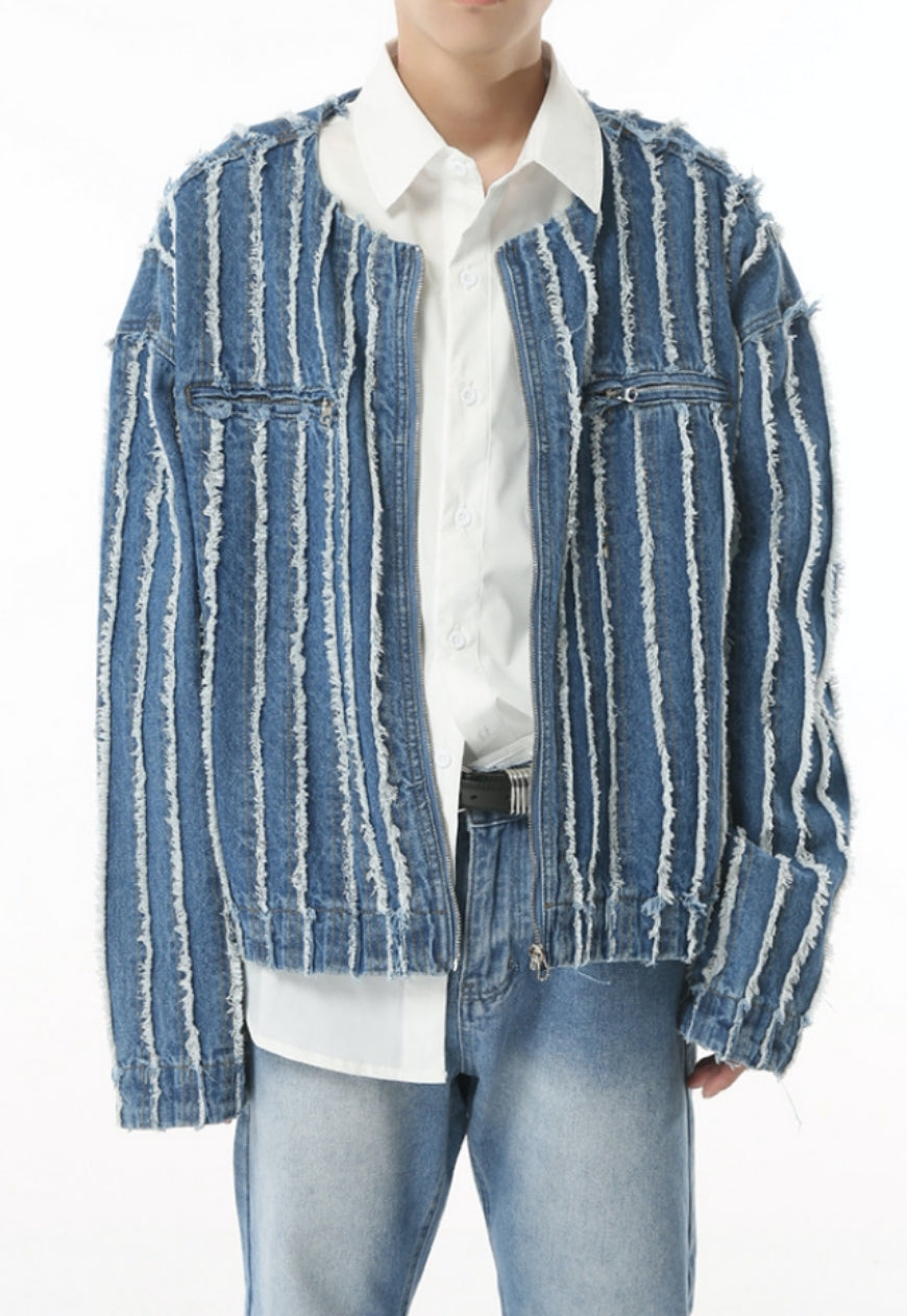 Men's Striped Fringed Denim Jacket