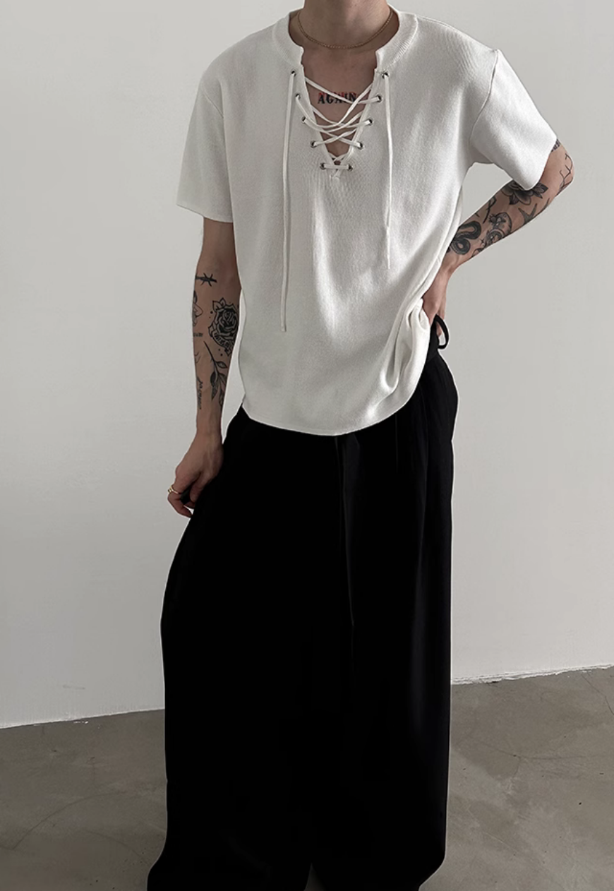 Men's drawstring neckline knitted T-shirt