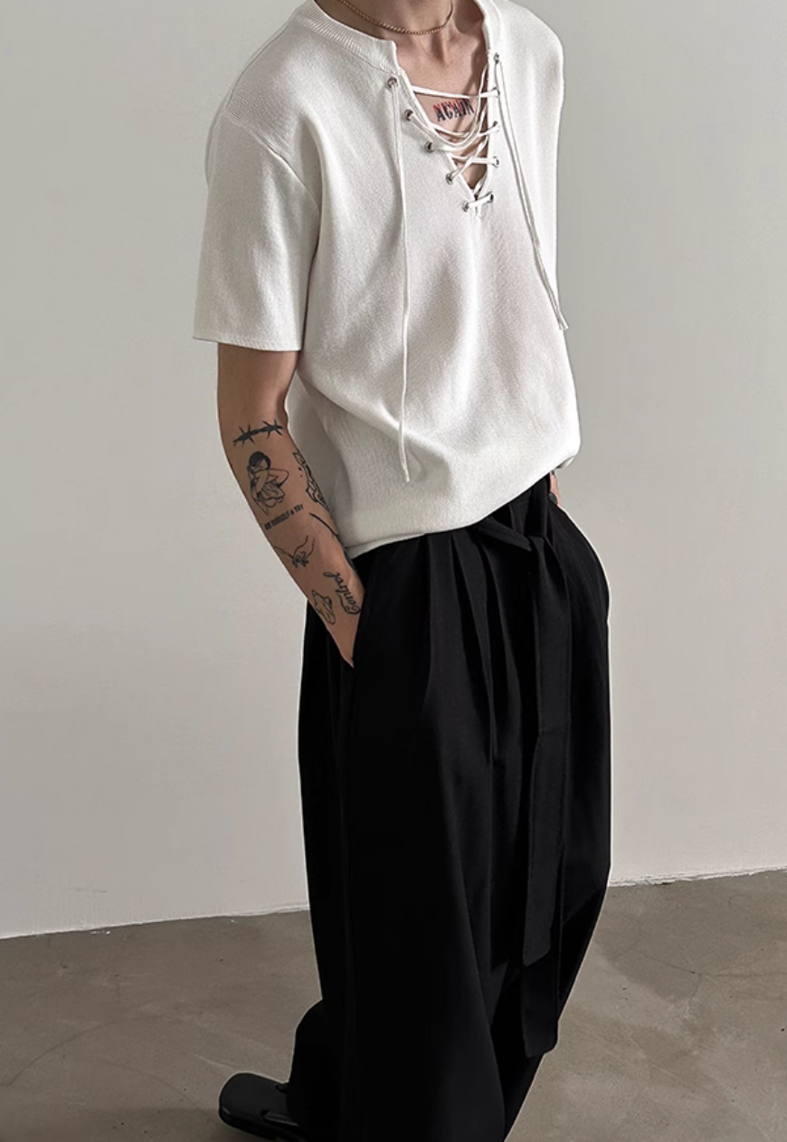 Men's drawstring neckline knitted T-shirt