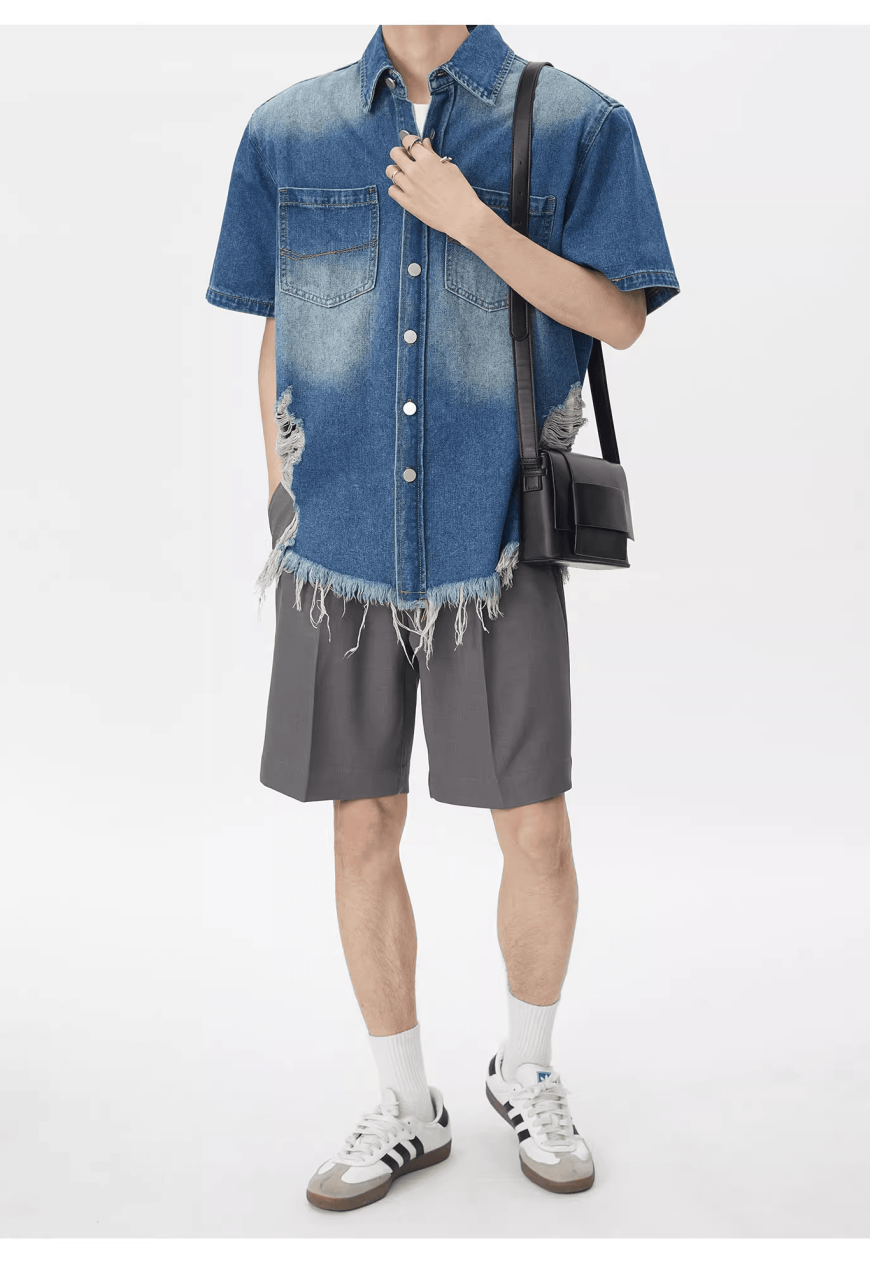 Men's Ripped fringed denim shirt