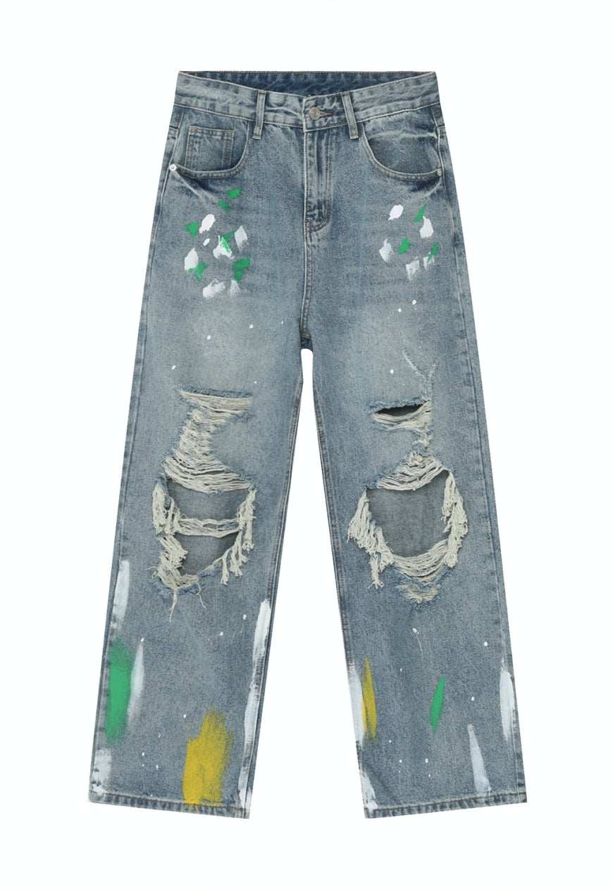 Unisex Ripped Graffiti Jeans