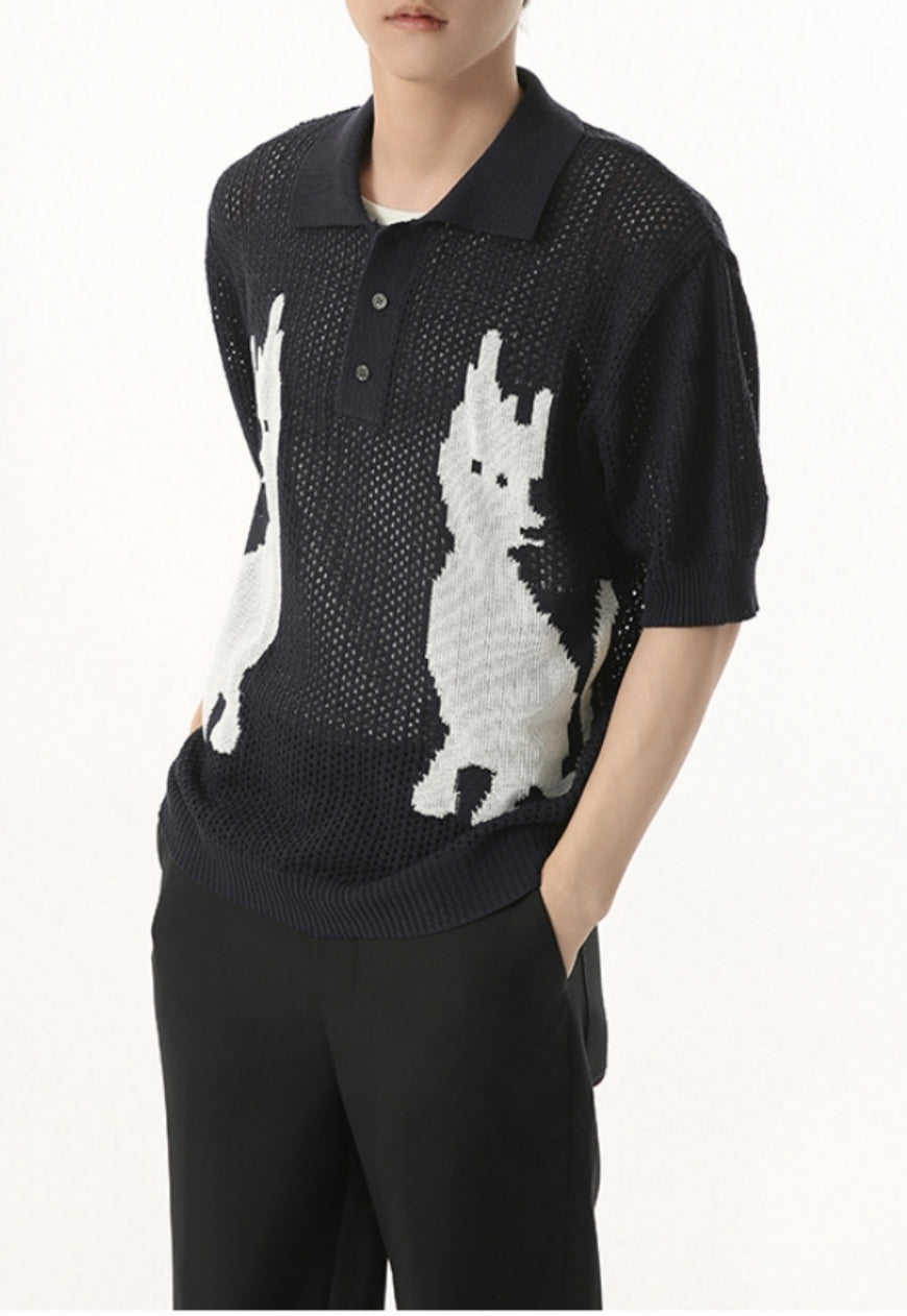 Men's Cartoon Kitten Design Polo Knit