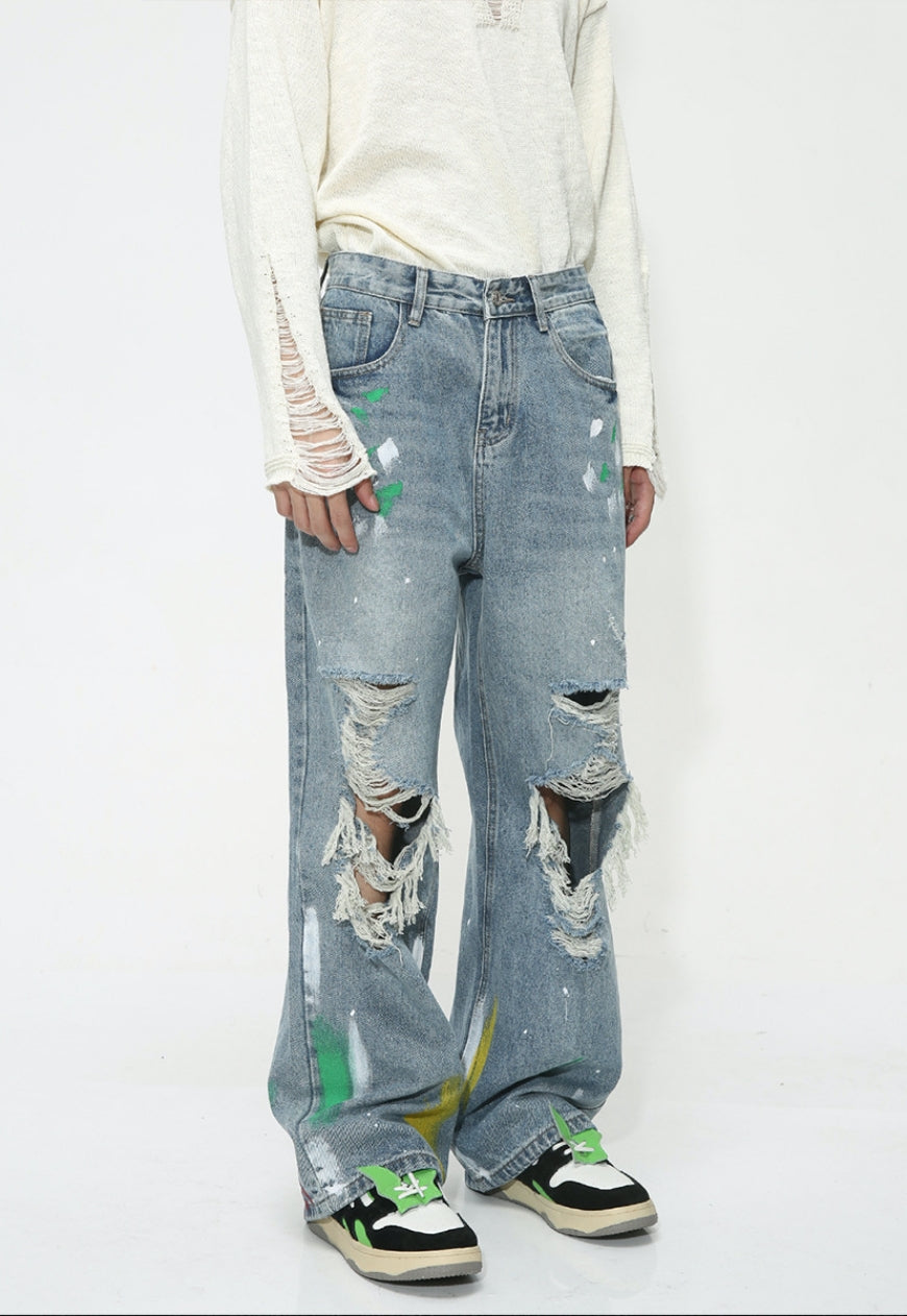 Unisex Ripped Graffiti Jeans