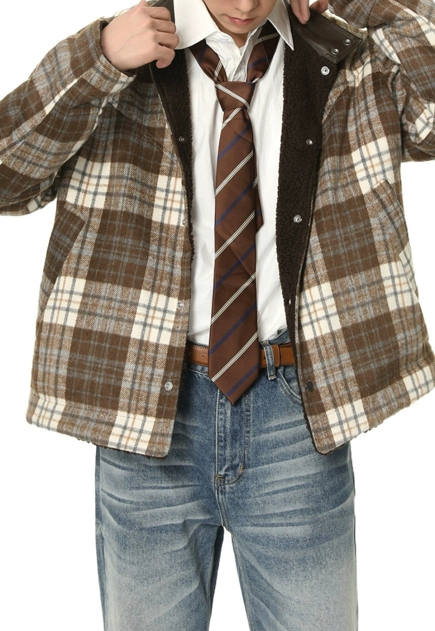 Men's plaid faux lamb wool coat