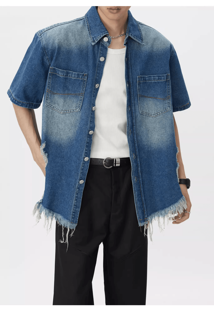 Men's Ripped fringed denim shirt