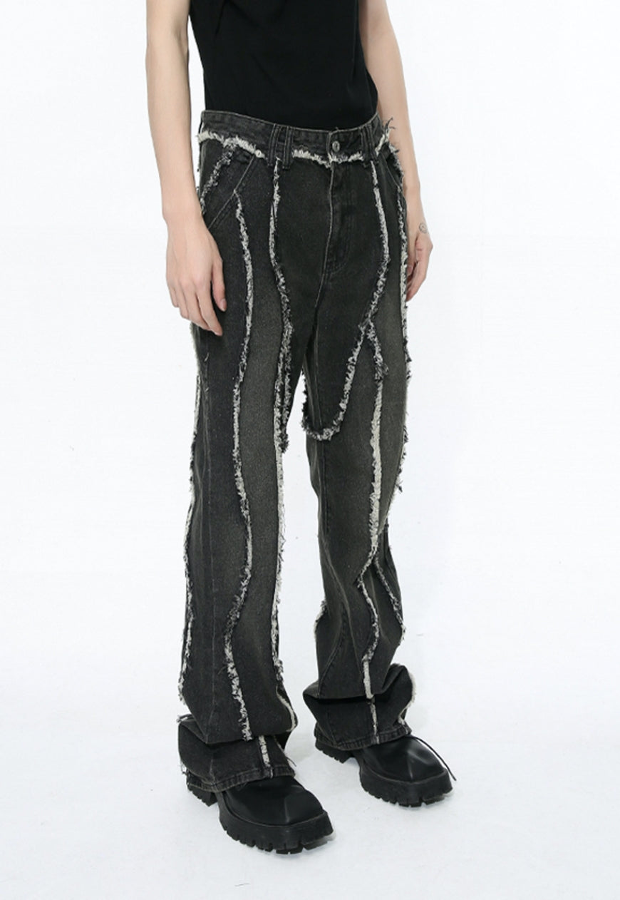 Unisex raw edge patchwork jeans