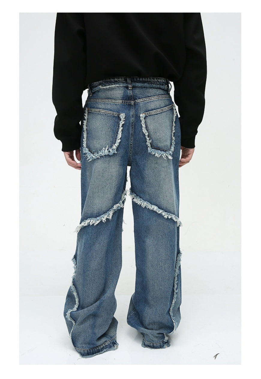 Unisex Designed raw edge loose jeans