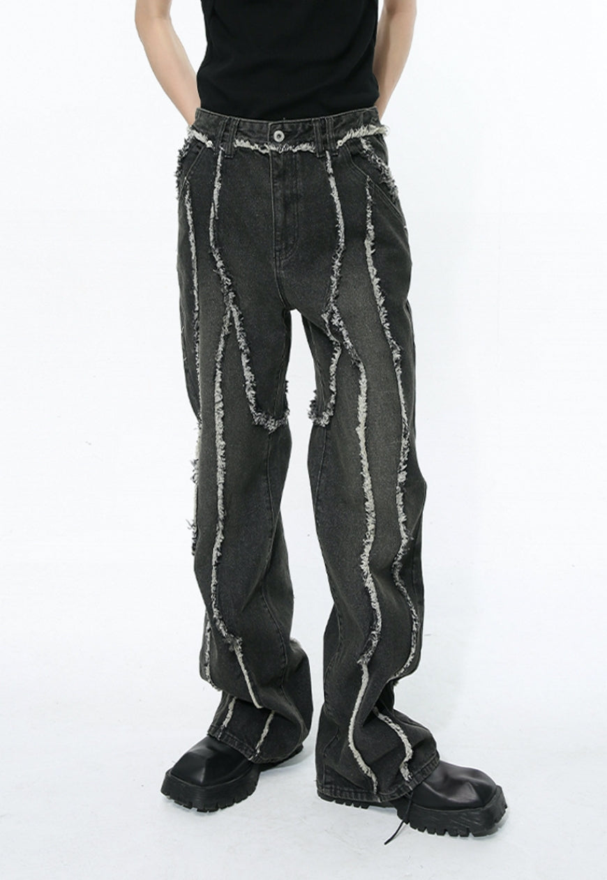 Unisex raw edge patchwork jeans