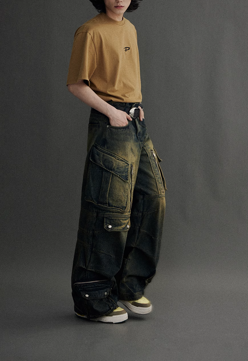 Unisex Vintage Multi Pocket Jeans