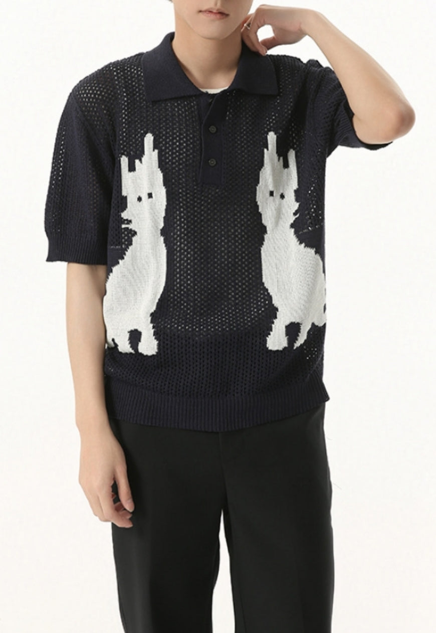 Men's Cartoon Kitten Design Polo Knit