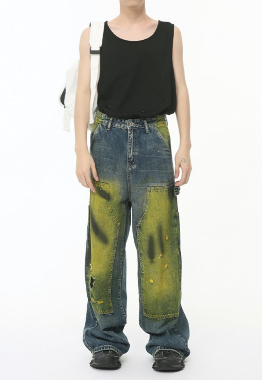 Unisex Vintage tie-dye ripped jeans