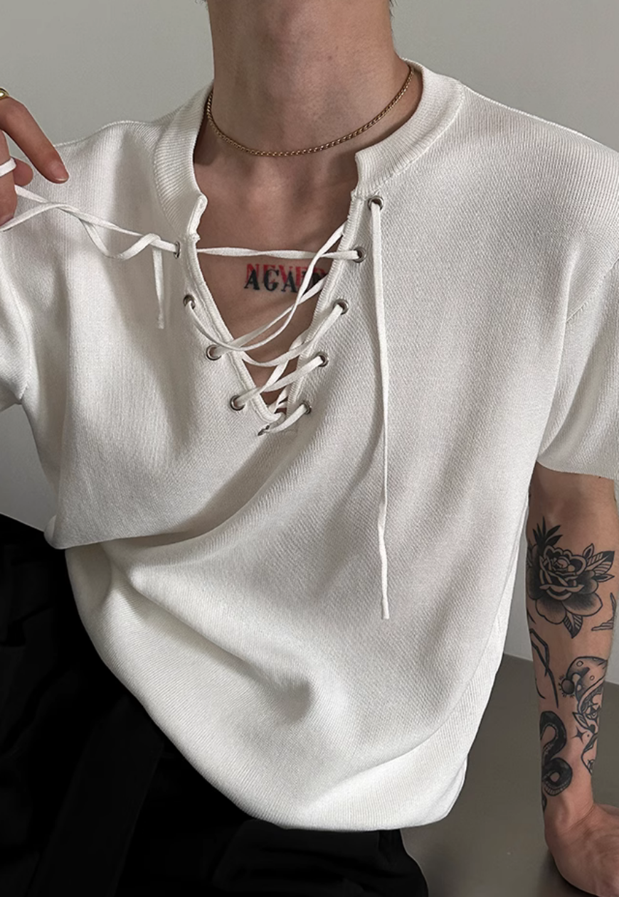 Men's drawstring neckline knitted T-shirt