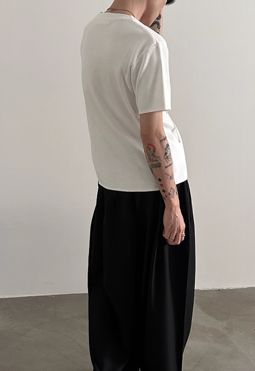 Men's drawstring neckline knitted T-shirt