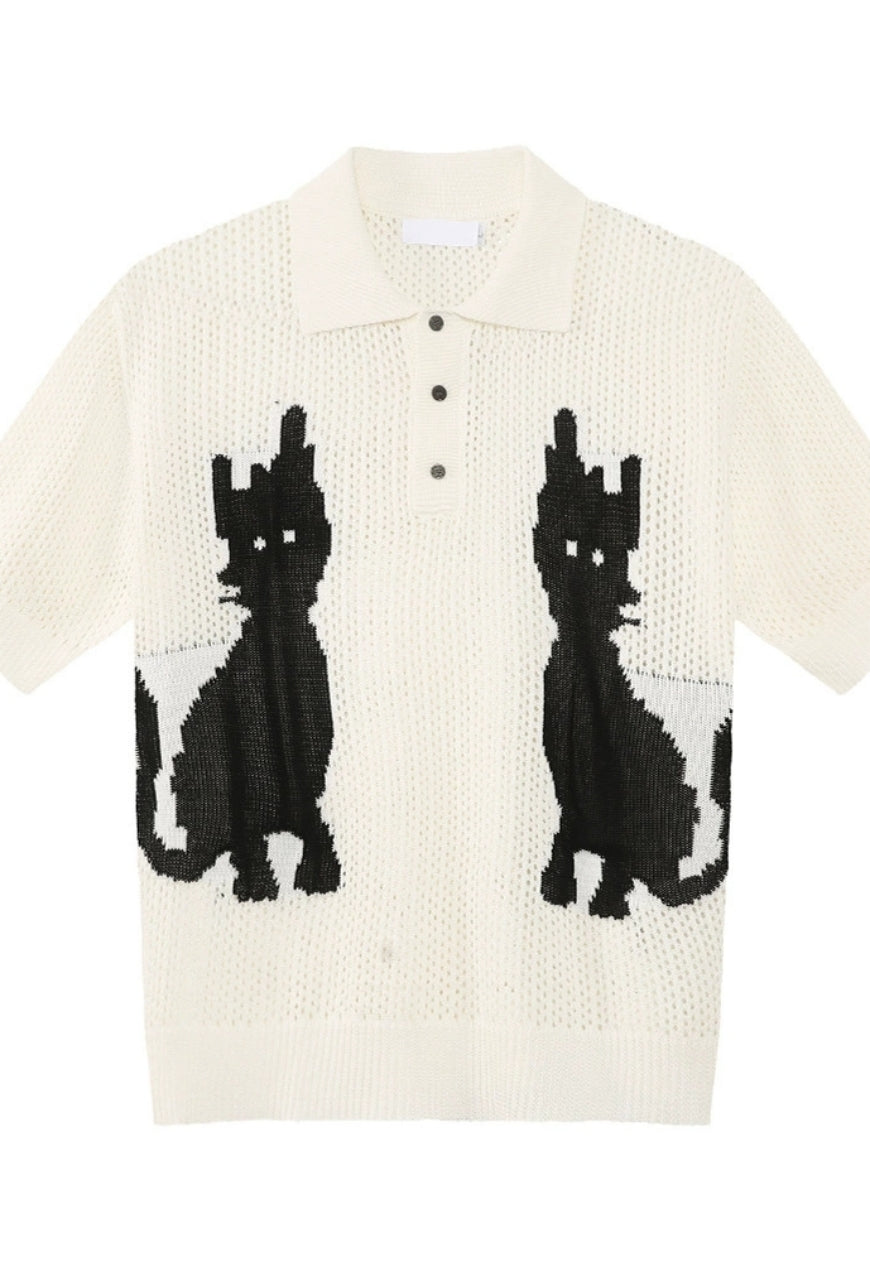 Men's Cartoon Kitten Design Polo Knit
