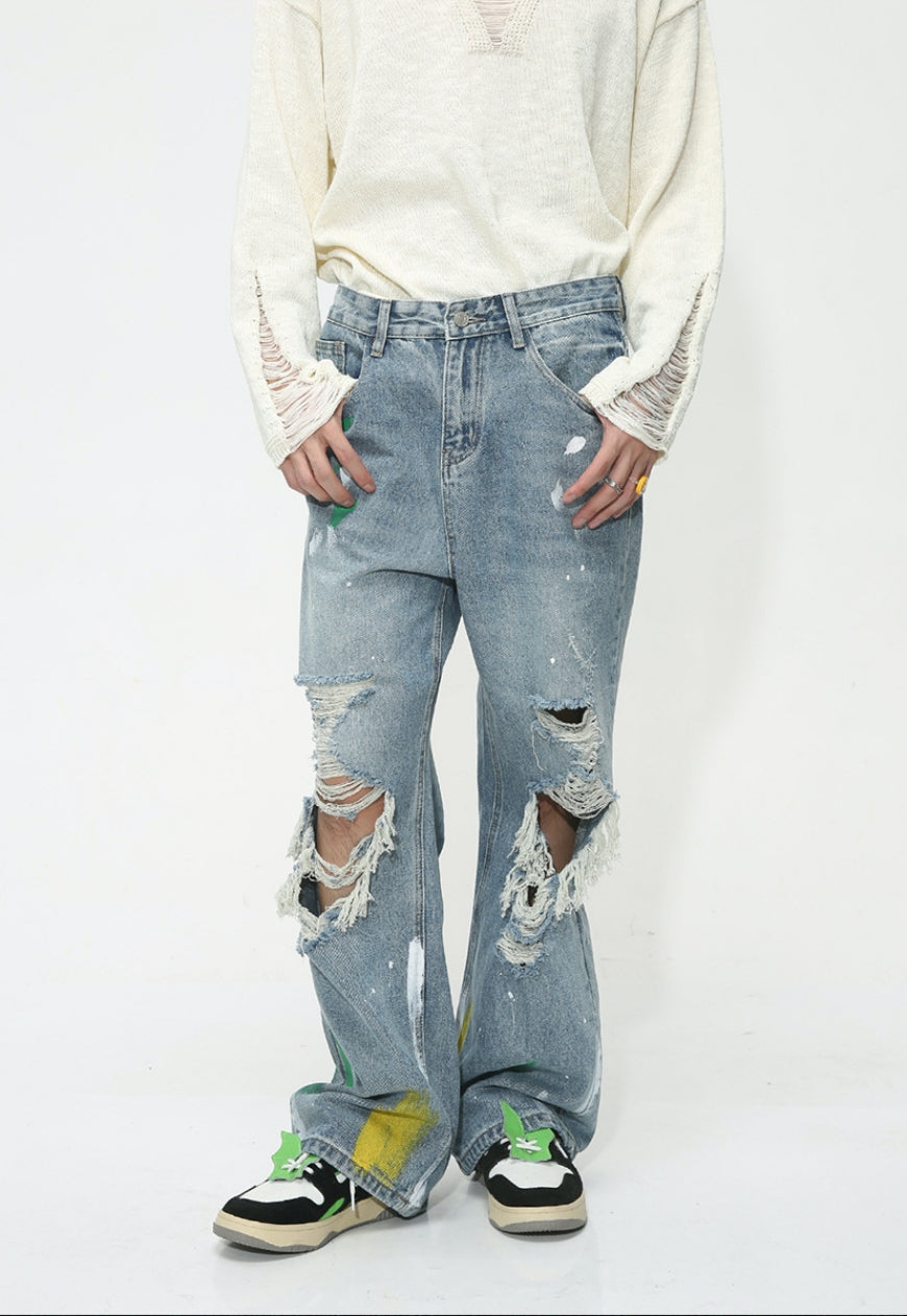Unisex Ripped Graffiti Jeans