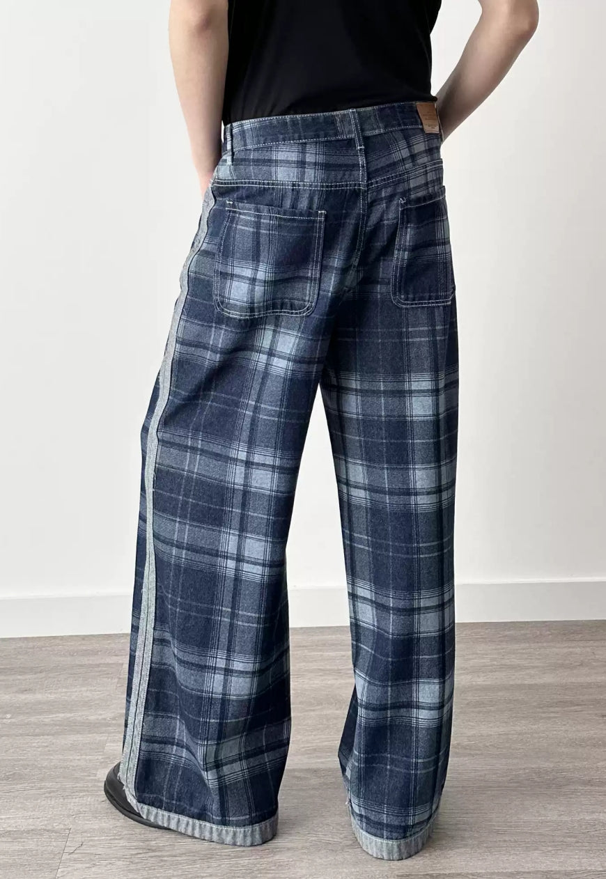 Men's Plaid Patchwork Denim Pants