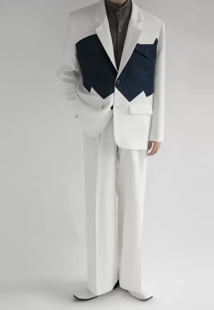 Men's design white denim patchwork suit set