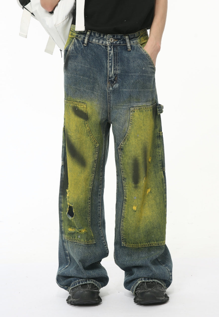 Unisex Vintage tie-dye ripped jeans