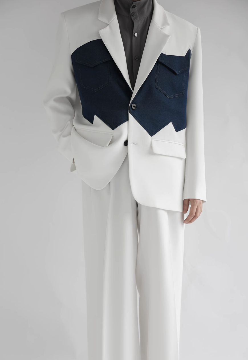 Men's design white denim patchwork blazer