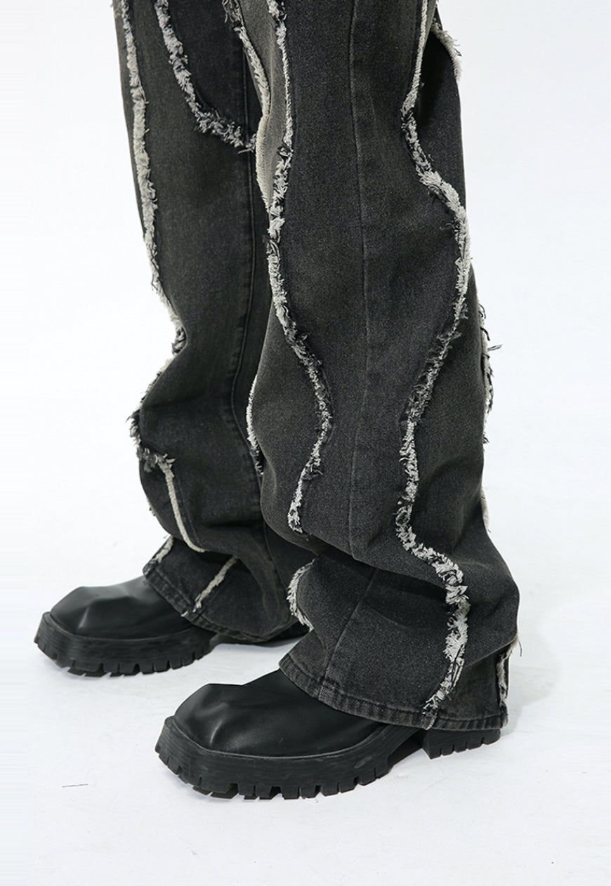 Unisex raw edge patchwork jeans