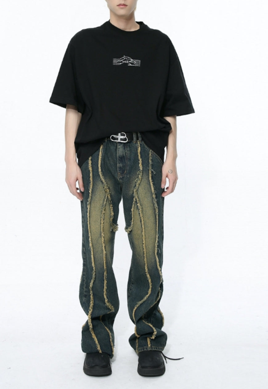 Unisex raw edge patchwork jeans
