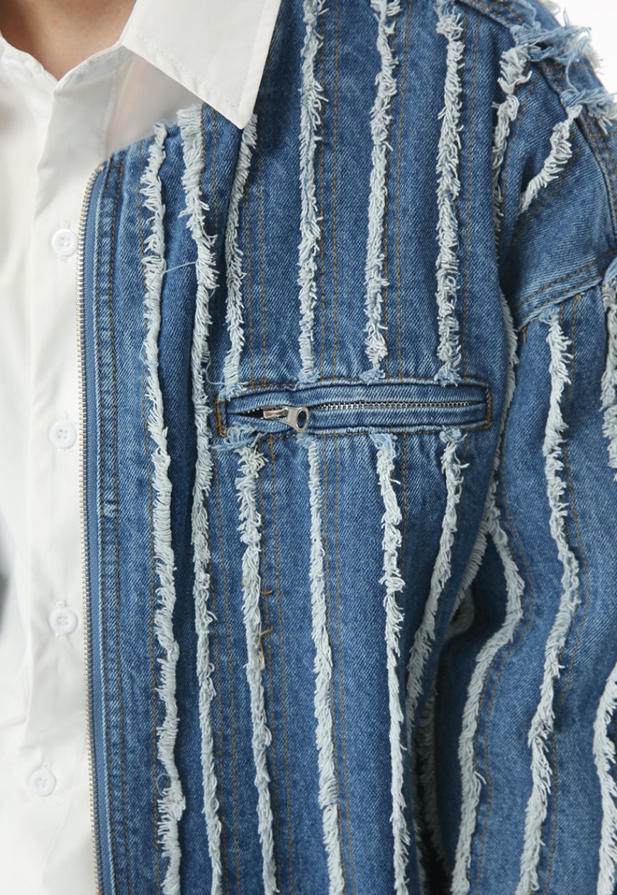 Men's Striped Fringed Denim Jacket