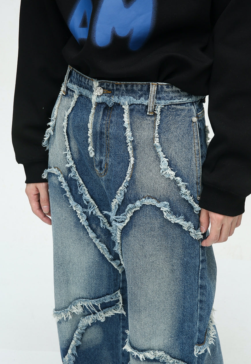 Unisex Designed raw edge loose jeans