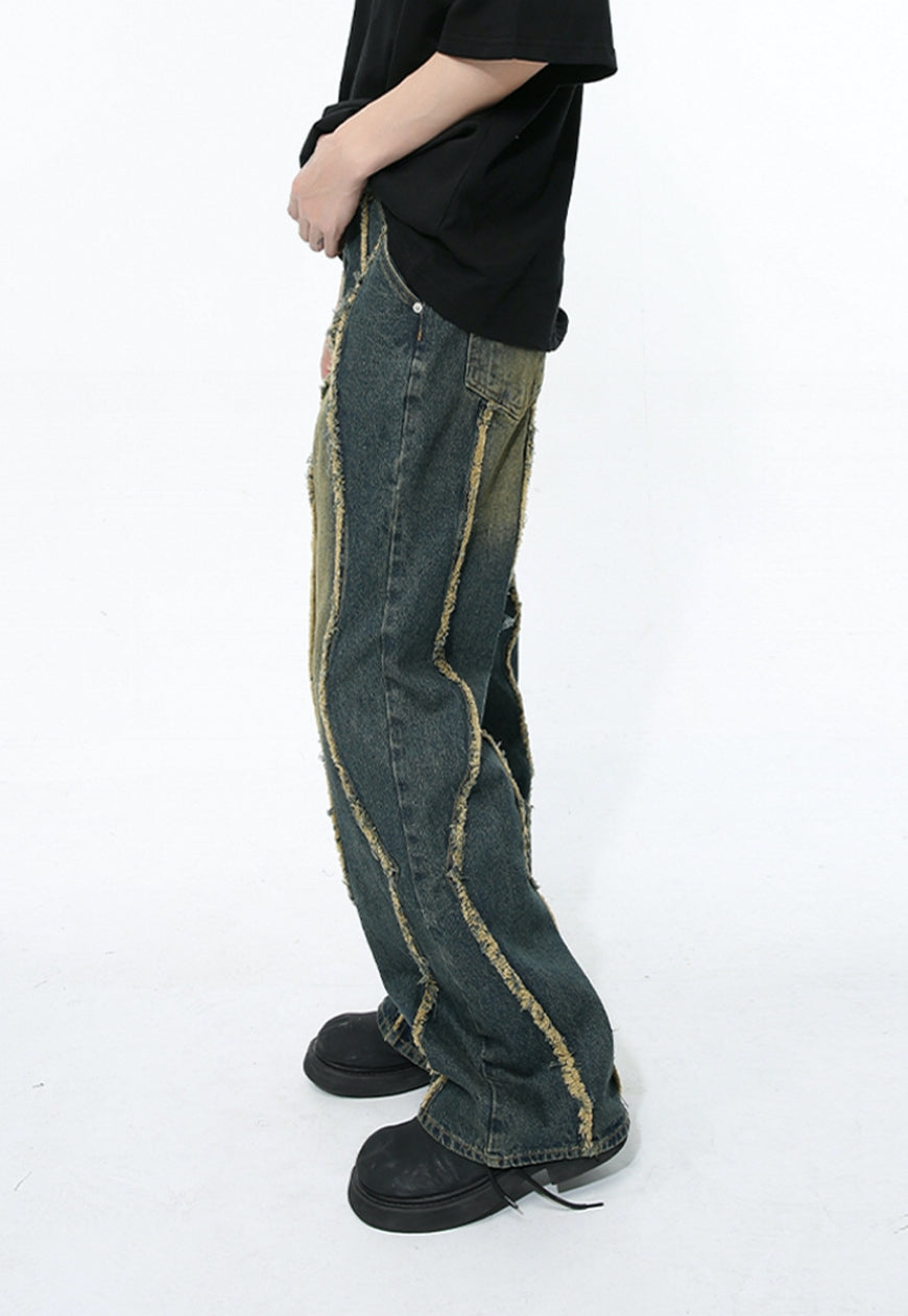 Unisex raw edge patchwork jeans