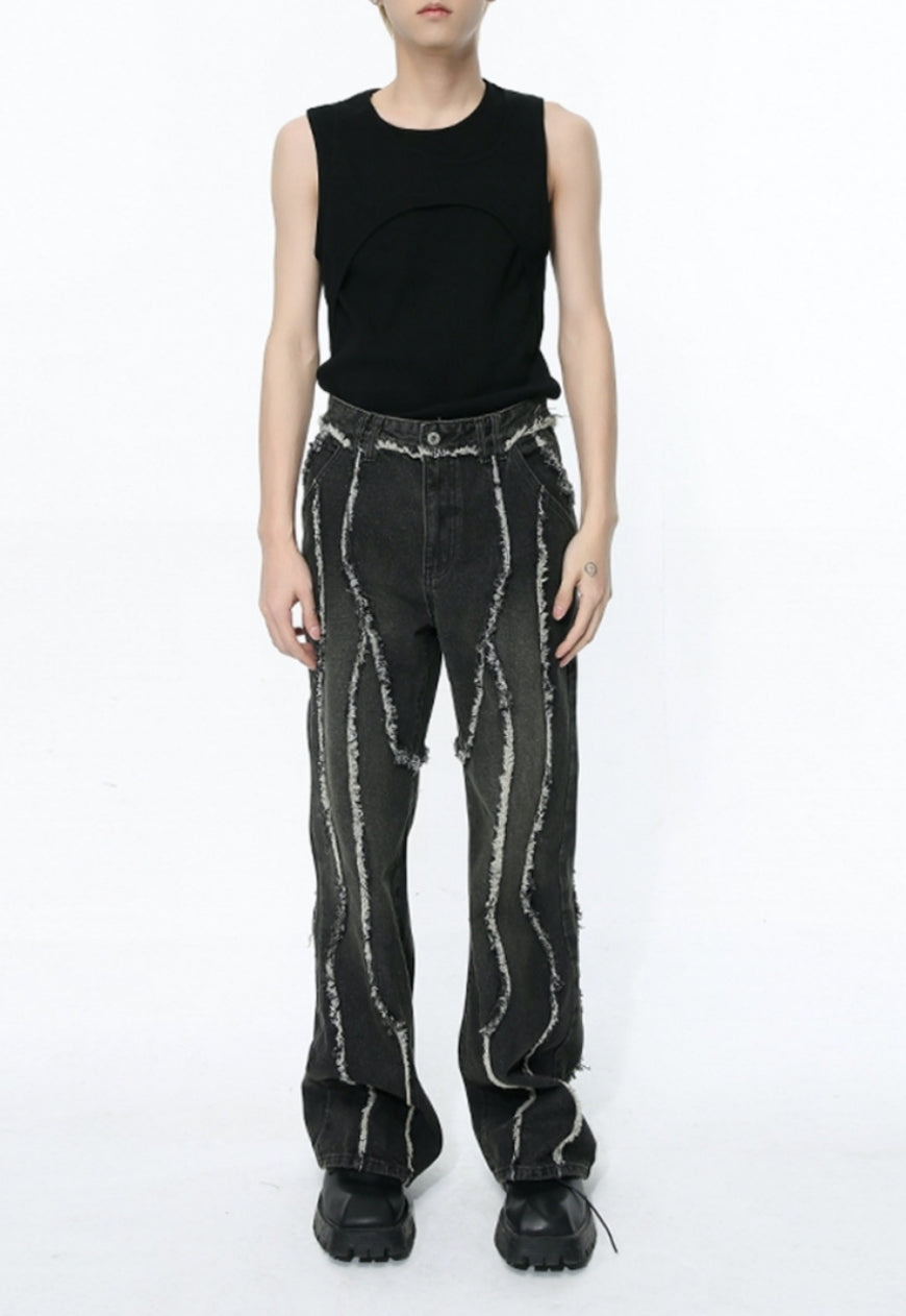 Unisex raw edge patchwork jeans