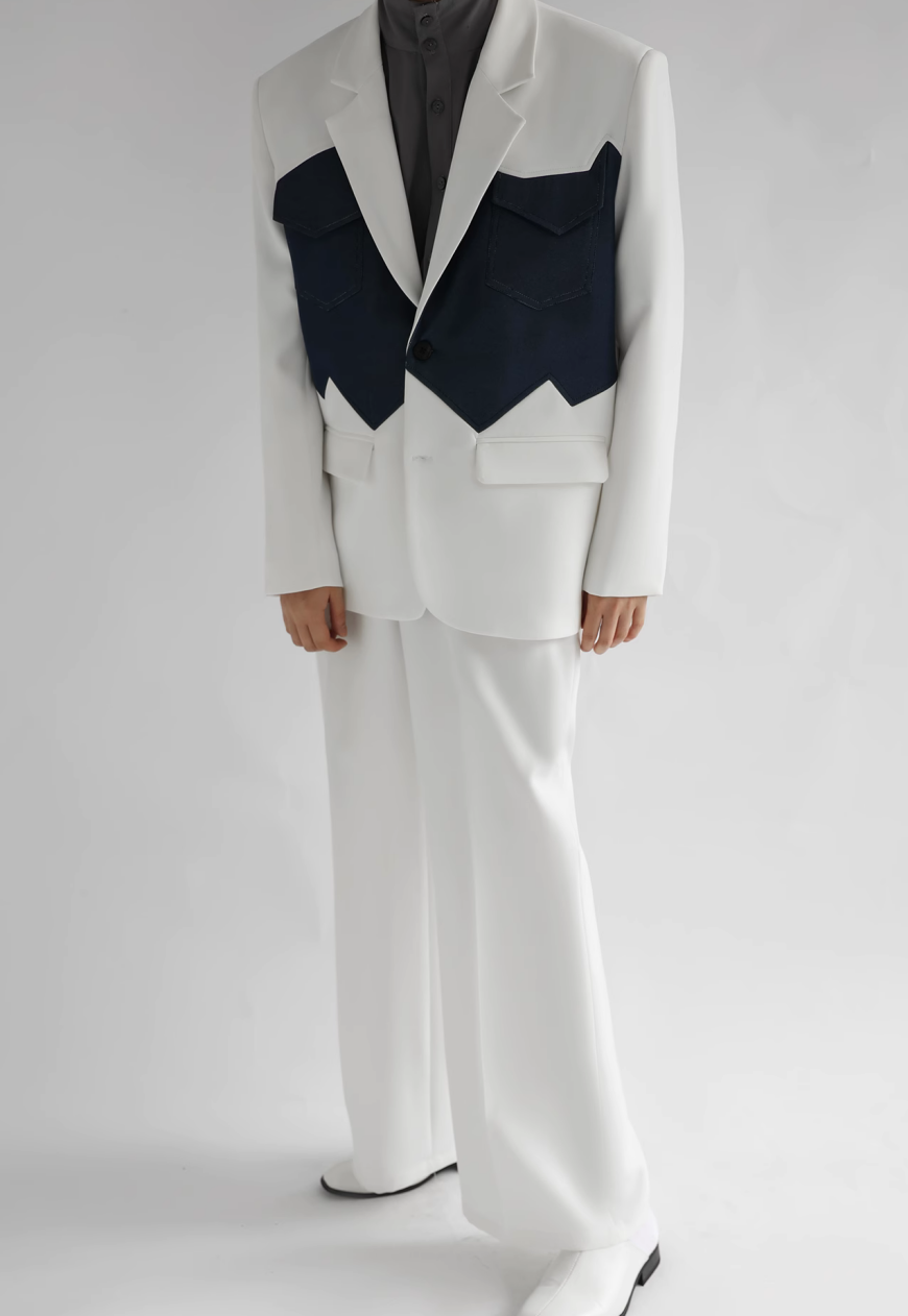 Men's design white denim patchwork suit set