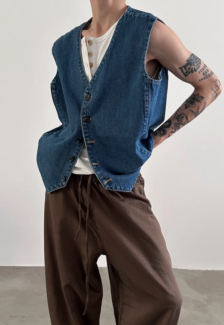 Men's French retro V-neck denim vest