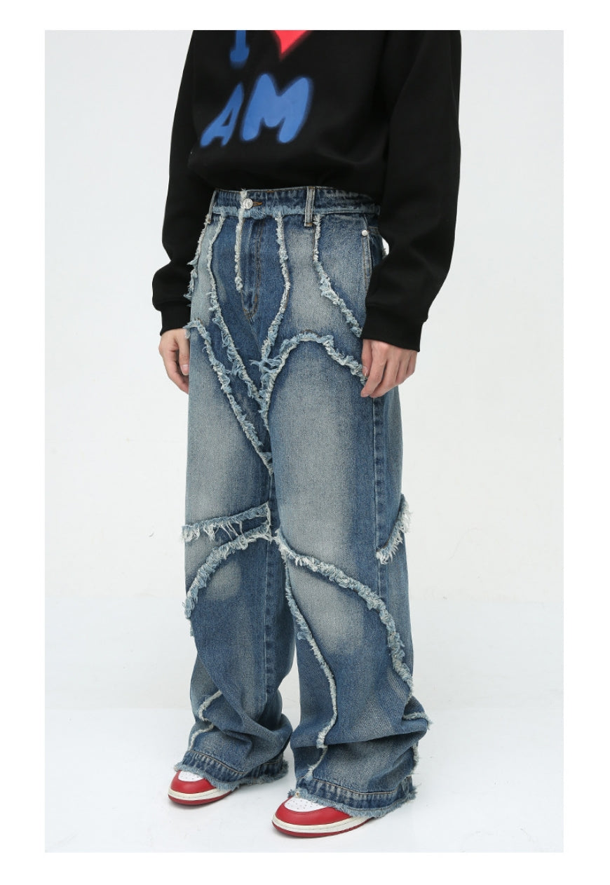 Unisex Designed raw edge loose jeans