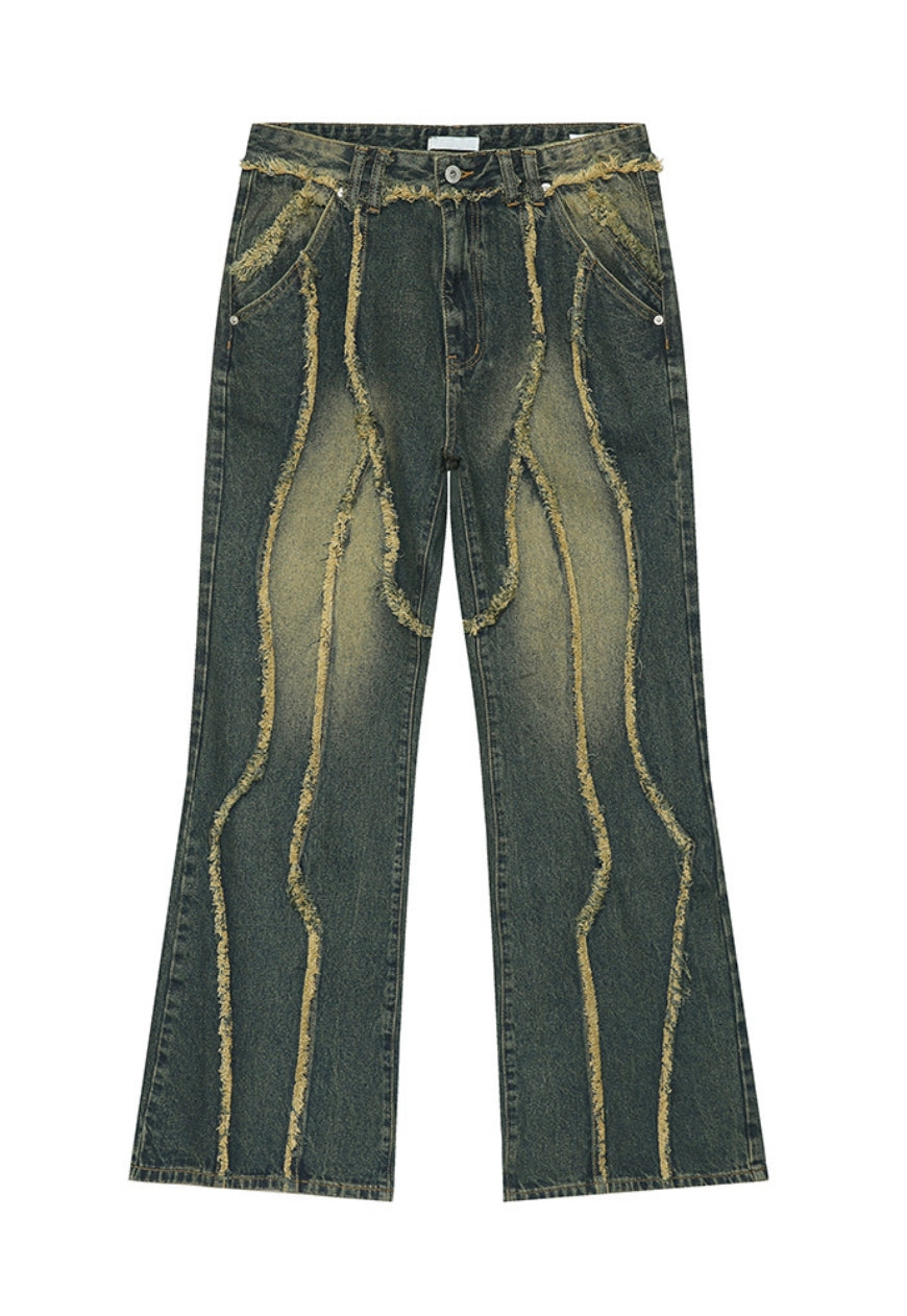 Unisex raw edge patchwork jeans