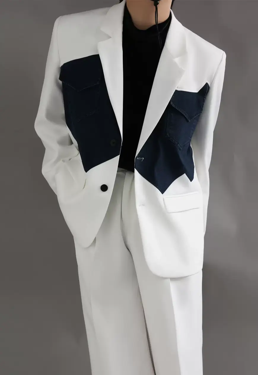 Men's design white denim patchwork blazer