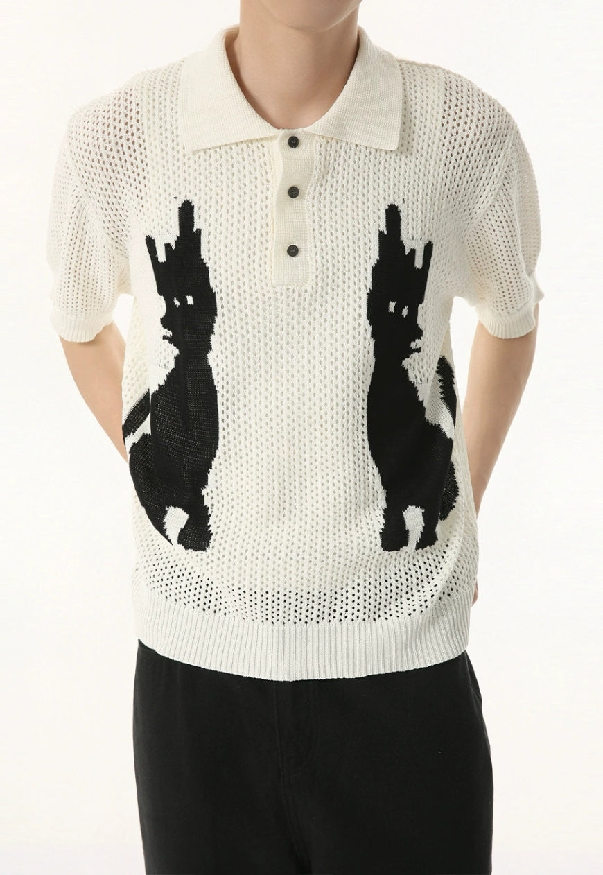 Men's Cartoon Kitten Design Polo Knit