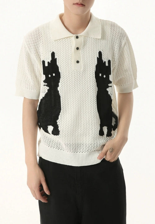 Men's Cartoon Kitten Design Polo Knit