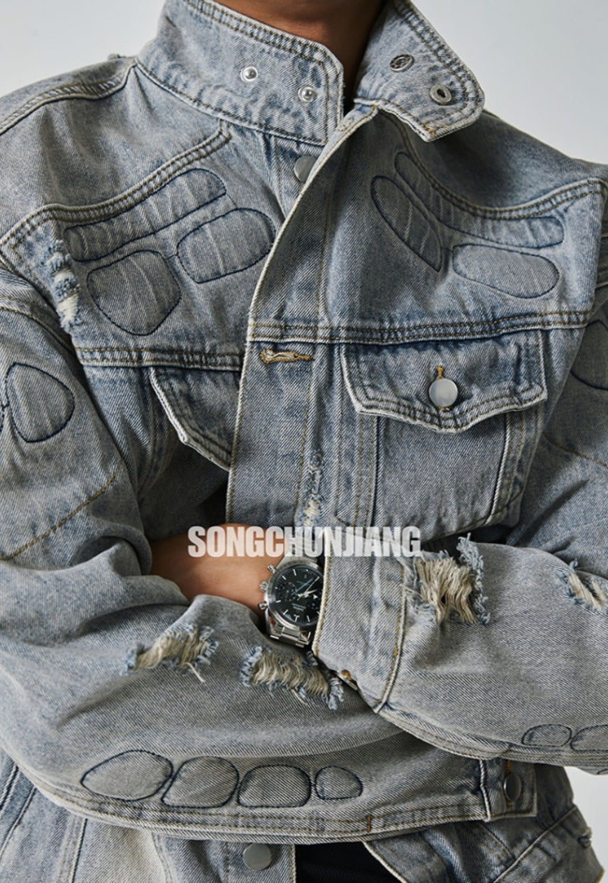 Men's vintage denim ripped jacket