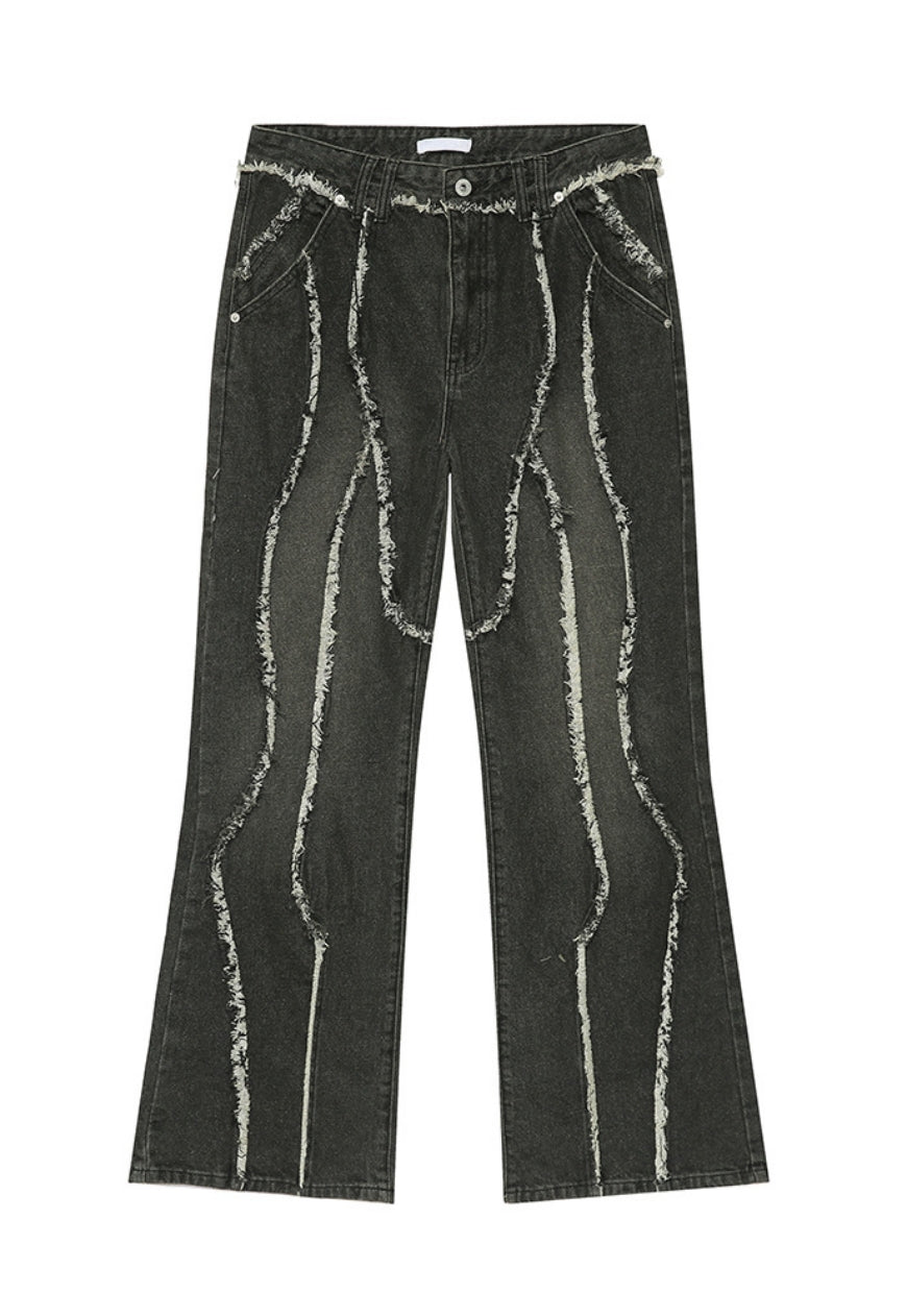 Unisex raw edge patchwork jeans