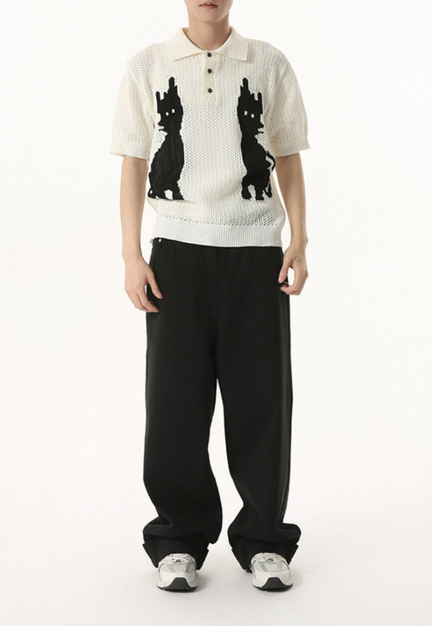 Men's Cartoon Kitten Design Polo Knit