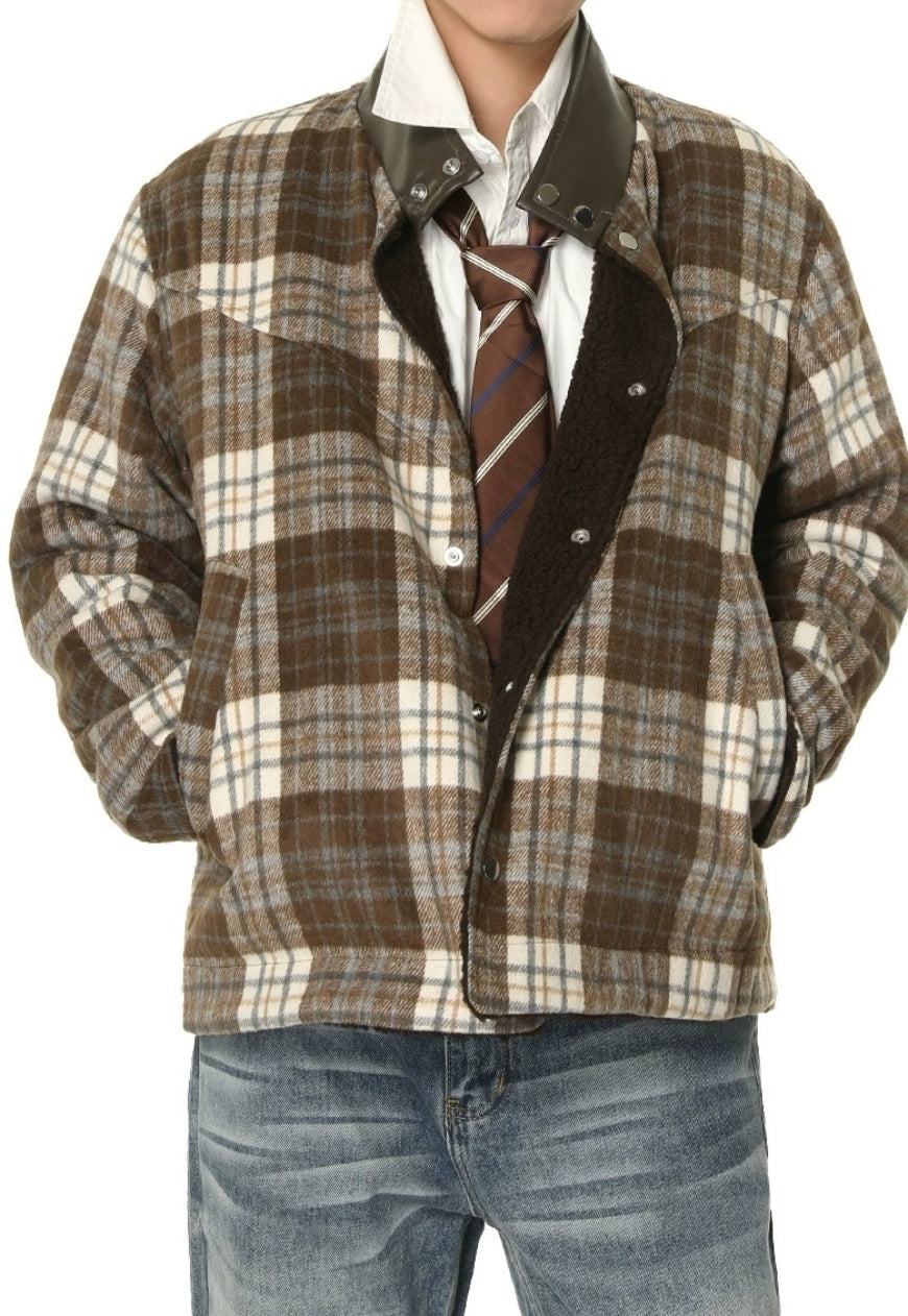 Men's plaid faux lamb wool coat