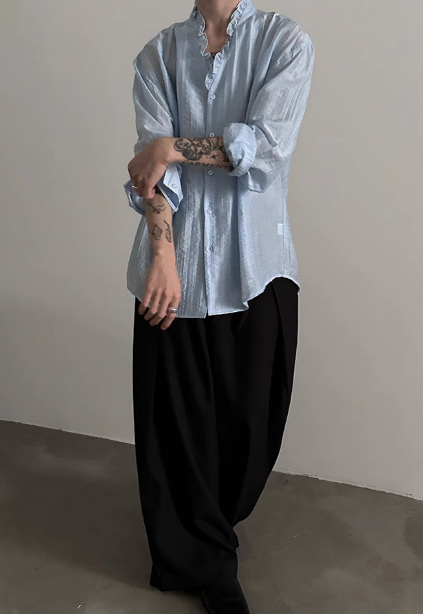Men's French ruffled lace V-neck shirt