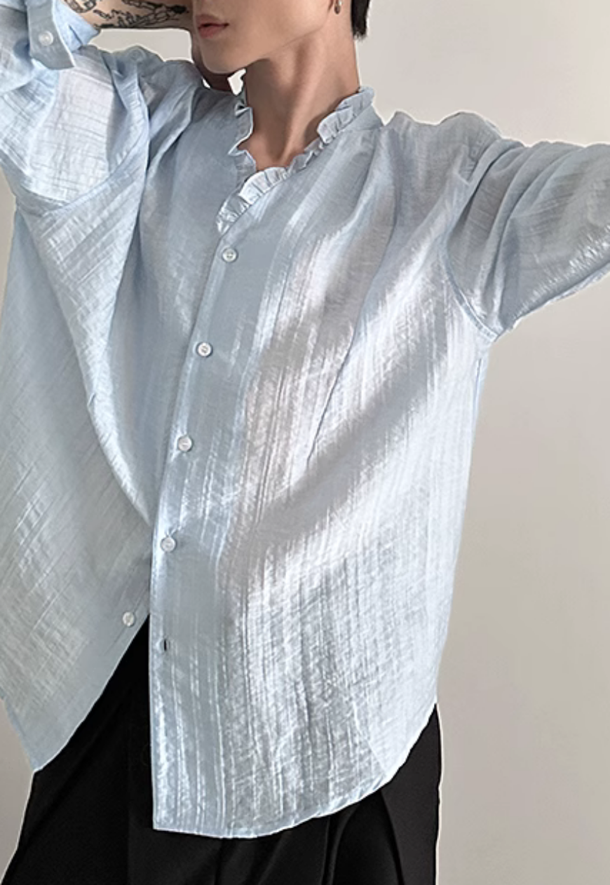 Men's French ruffled lace V-neck shirt