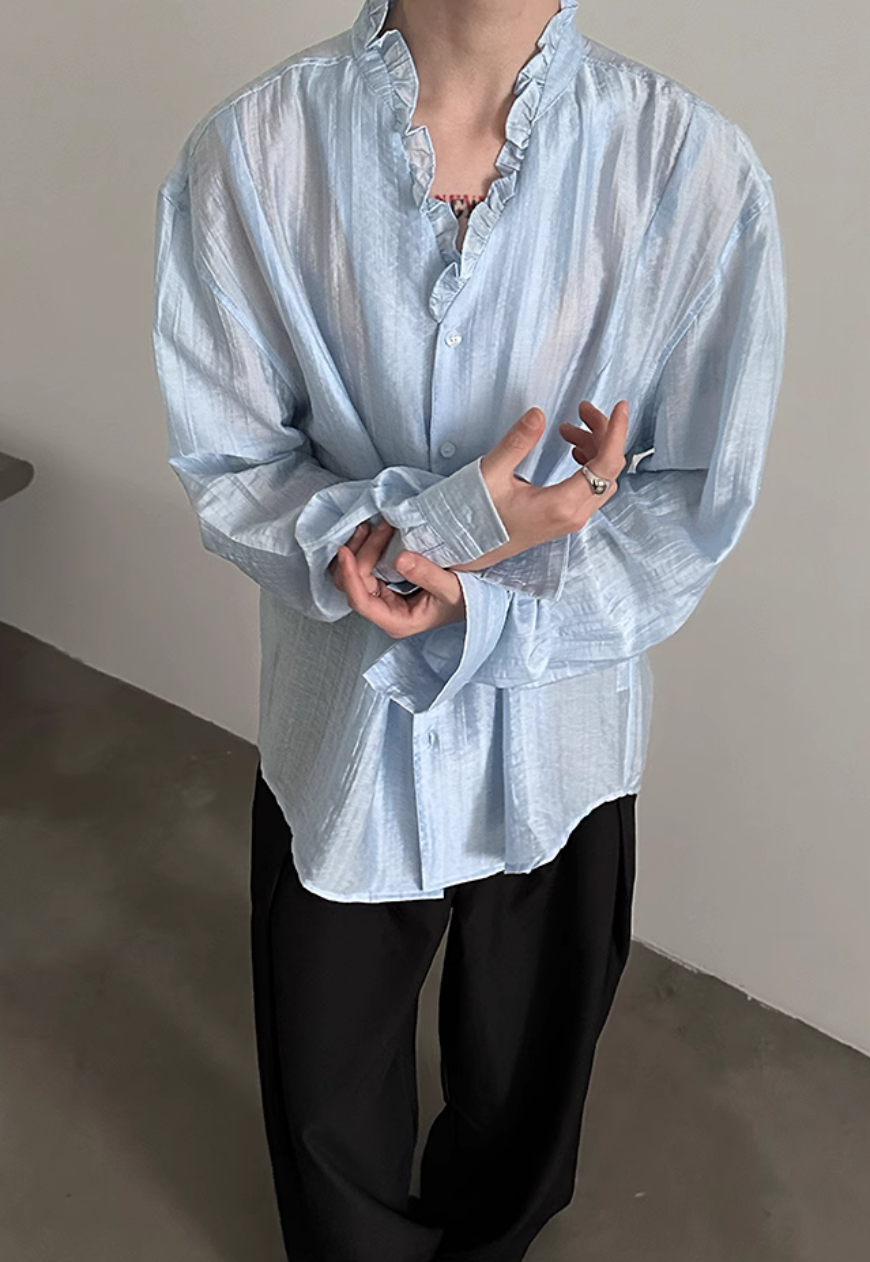 Men's French ruffled lace V-neck shirt