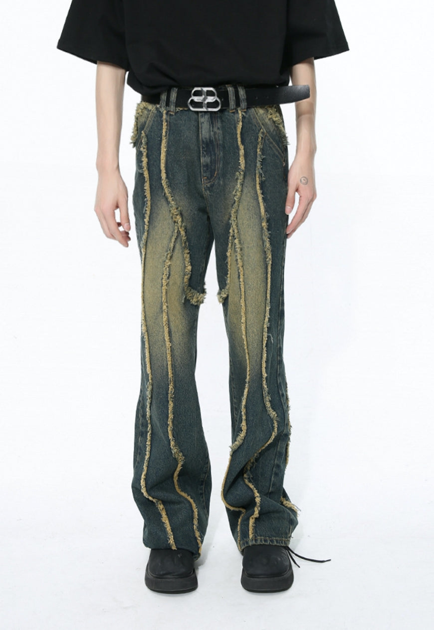 Unisex raw edge patchwork jeans