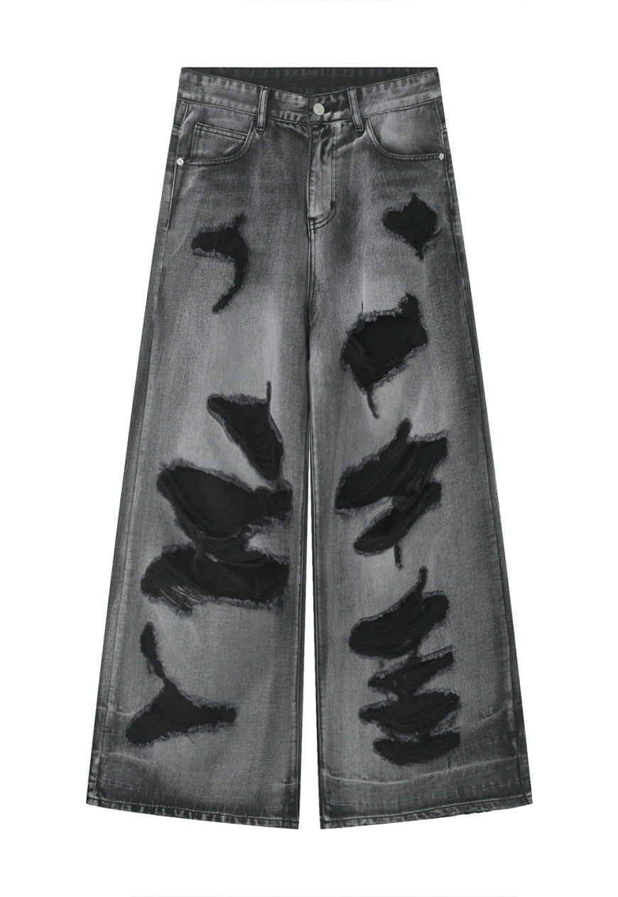 Unisex ripped floor mopping jeans