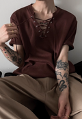 Men's drawstring neckline knitted T-shirt
