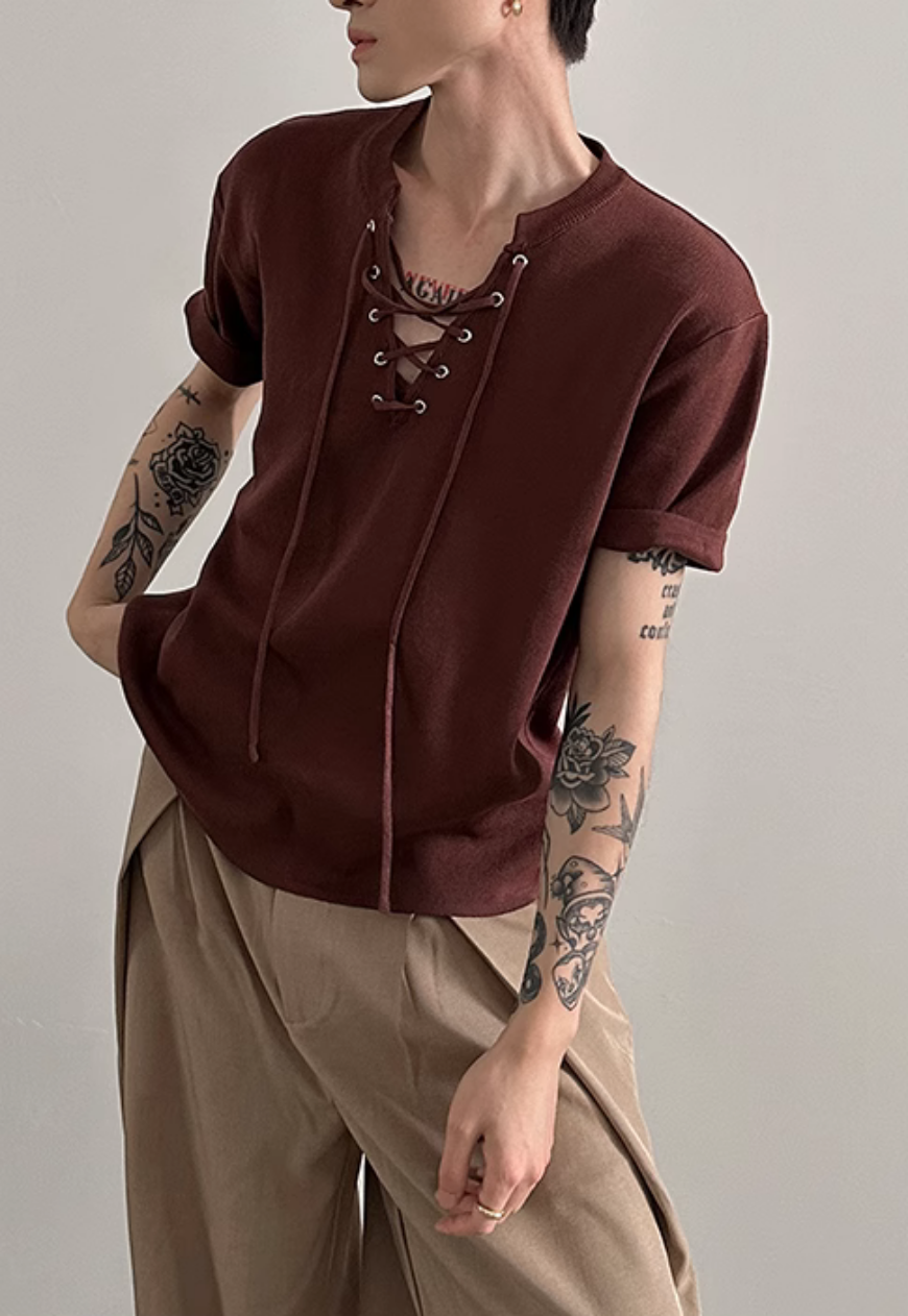 Men's drawstring neckline knitted T-shirt