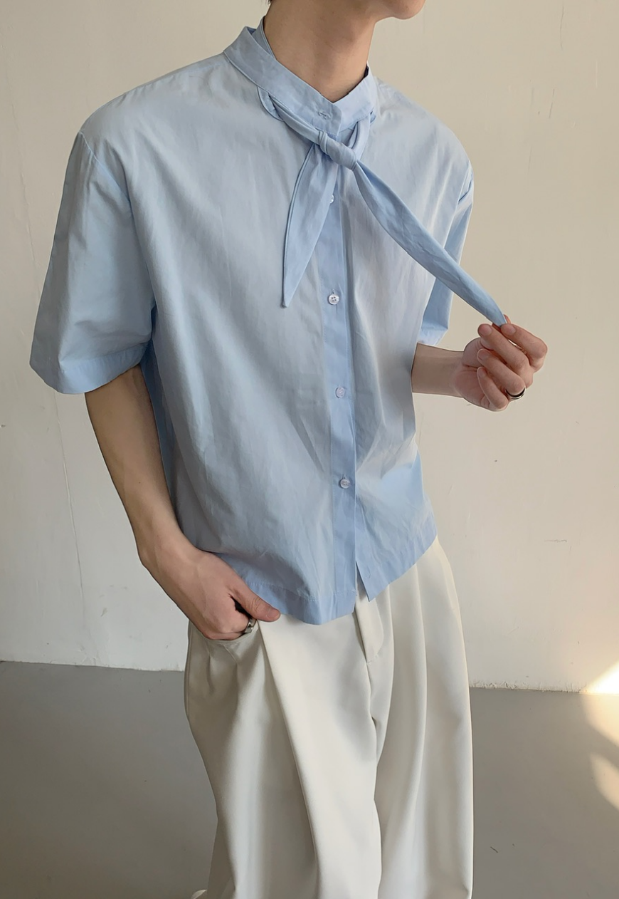 Men's Short-sleeved ribbon shirt